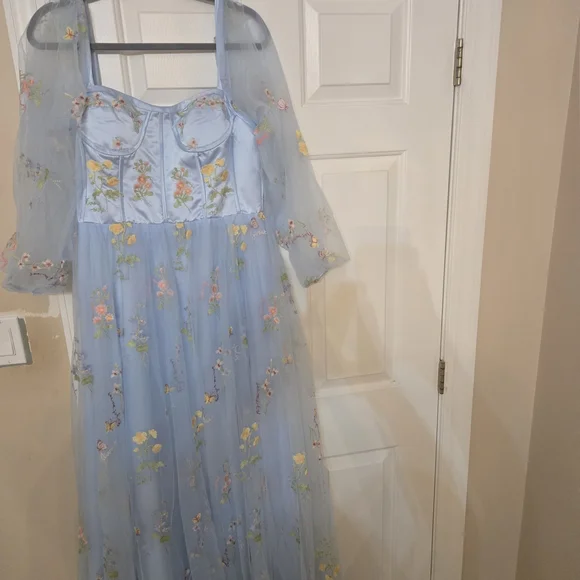 Light Blue Floral Embroidered Maxi Dress - Picture 2 of 7